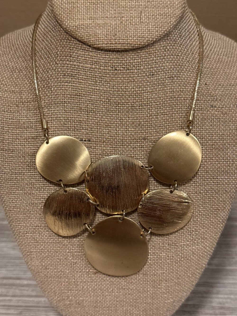 Gold Disc Bib Necklace Textured Tiered Geometric Statement Chunky